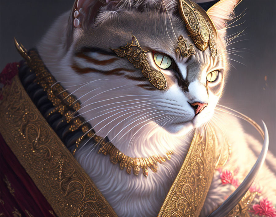 Digital Artwork: Majestic Cat with Green Eyes & Golden Headgear