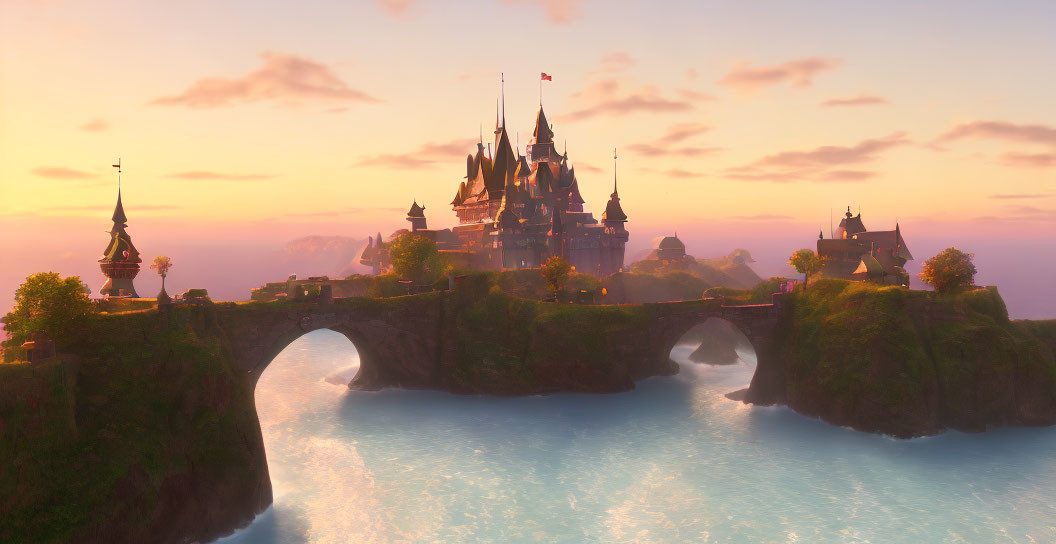 Majestic castle on cliff with stone bridge over river at sunrise