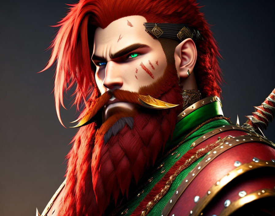 Fantasy warrior illustration with red beard, golden accessories, and green armor