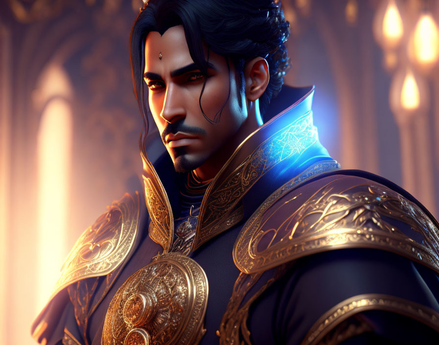 Regal man in gold and blue armor with glowing runes against architectural arches