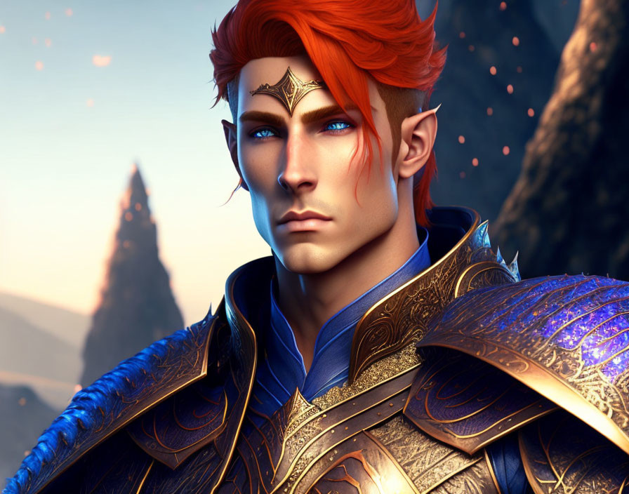 Fantasy male elf digital artwork with red hair in ornate blue-gold armor