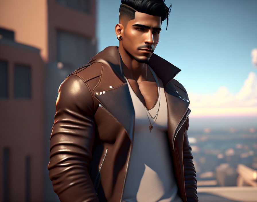 Modern man in brown leather jacket with cityscape background at golden hour