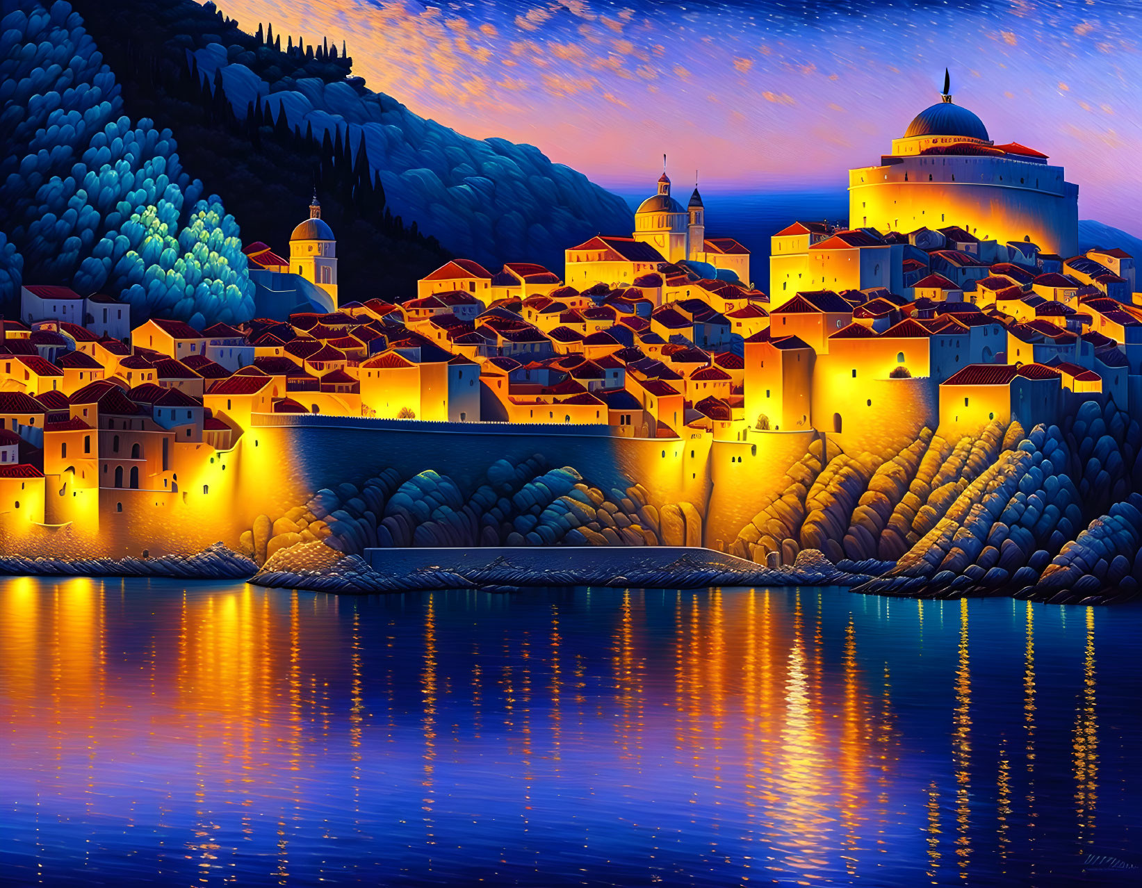 Stylized coastal town painting: vibrant night scene