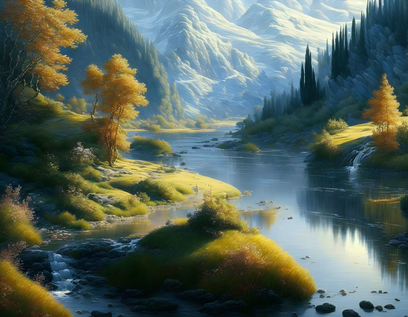 Tranquil river valley with autumn trees and mountains