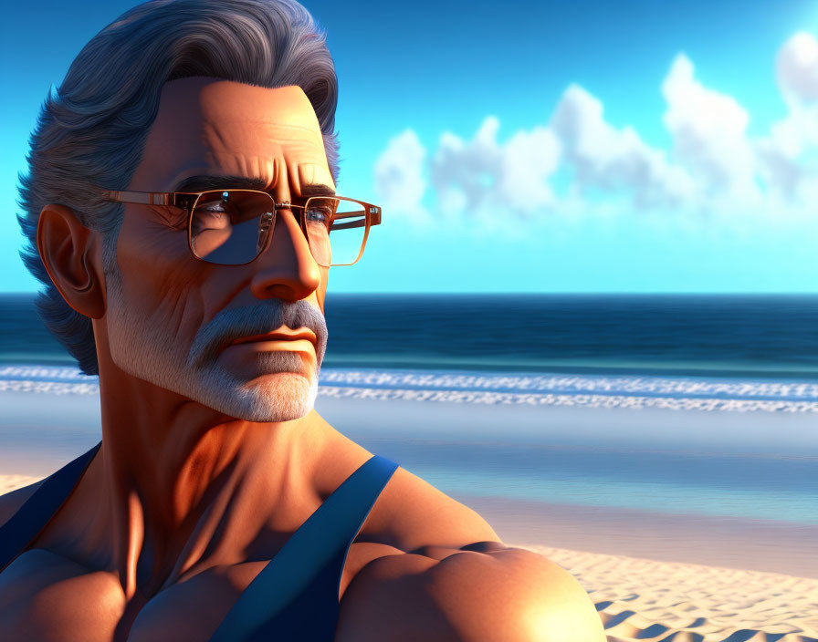 Silver-Haired Man with Glasses Contemplating Sunset by the Sea