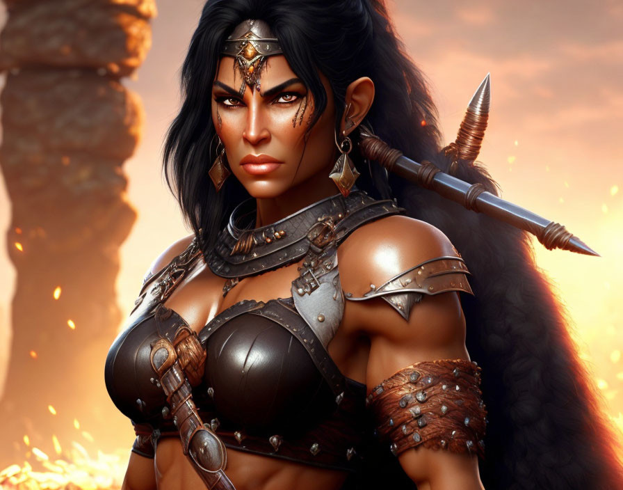 Dark-haired warrior woman in fantasy armor with fiery battle background