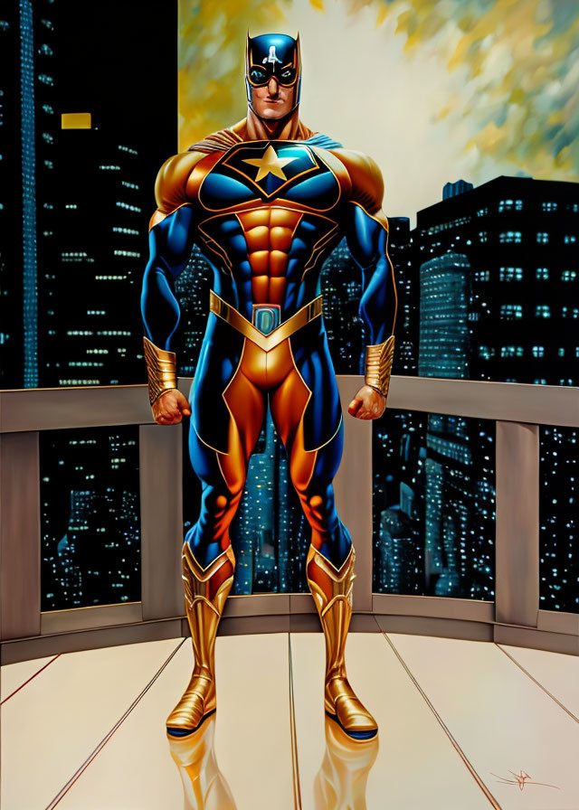 Muscular superhero in blue and gold costume with star emblem in cityscape at dusk