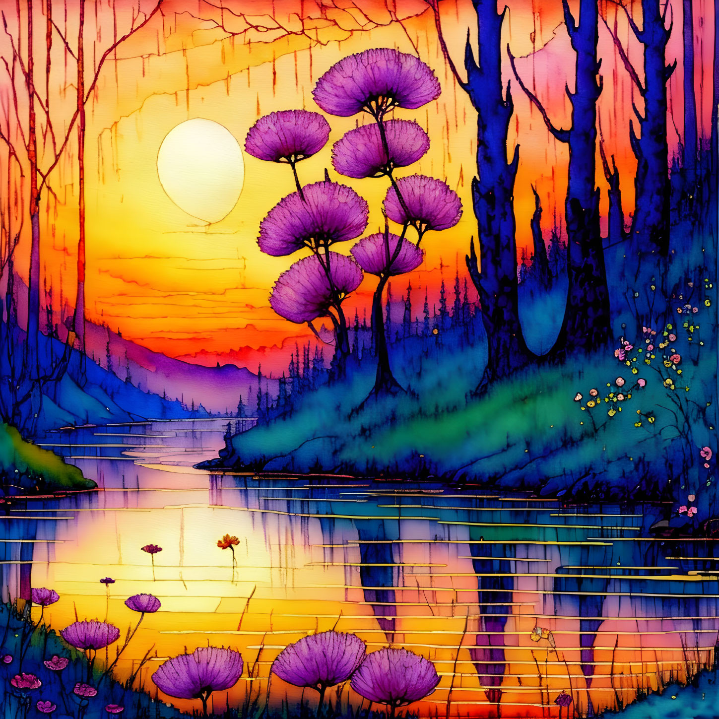 Colorful Sunset Painting: Purple Trees, River Reflection, Fiery Sky, Silhouetted Forest