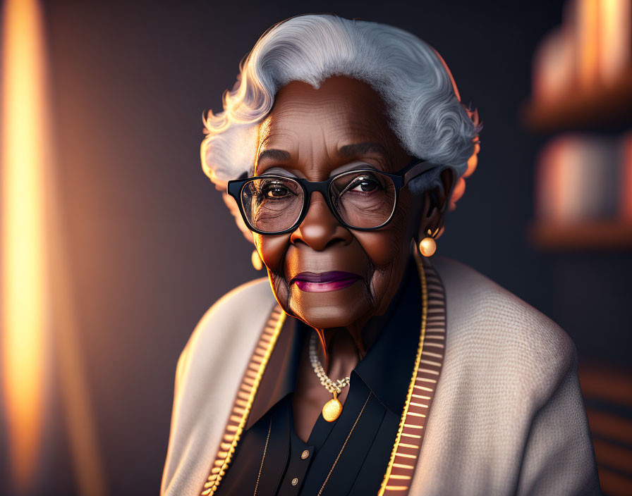 Elderly Woman in Beige Outfit with Glasses and Gold Jewelry