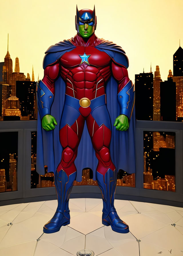 Muscular superhero in red and blue suit with star emblem against city skyline at sunset