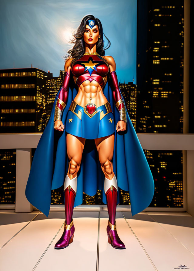 Confident Wonder Woman in Costume with Cape in City Skyline Dusk Illustration