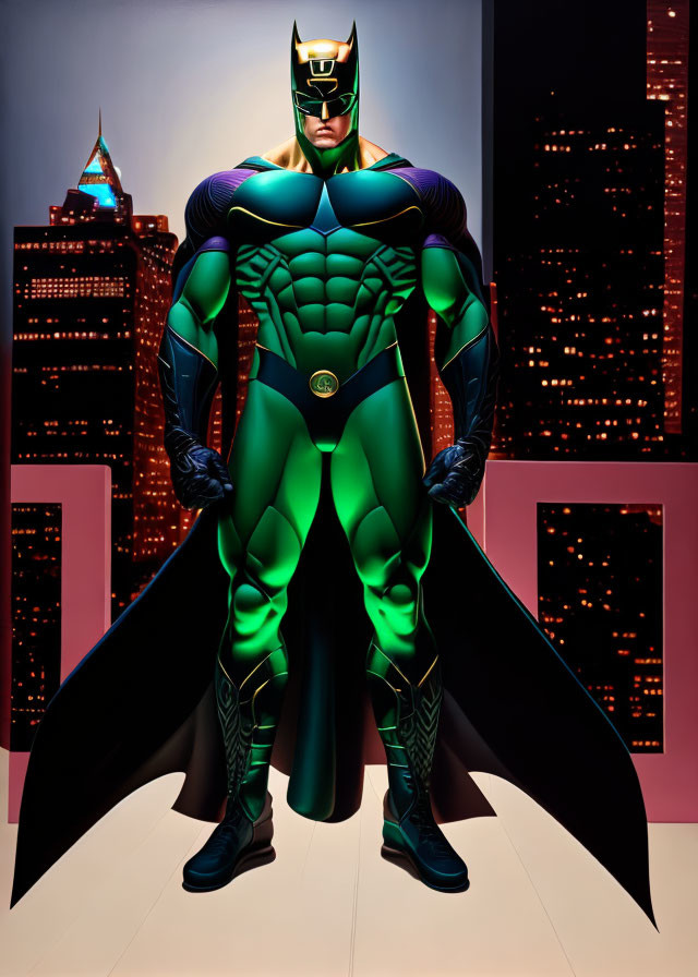 Muscular superhero in green and blue costume with cityscape backdrop