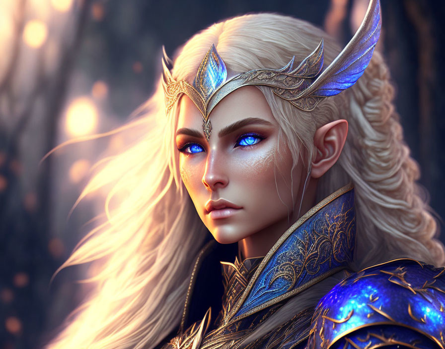 Fantasy elf portrait with blue eyes, ornate armor, and diadem on bokeh-lit