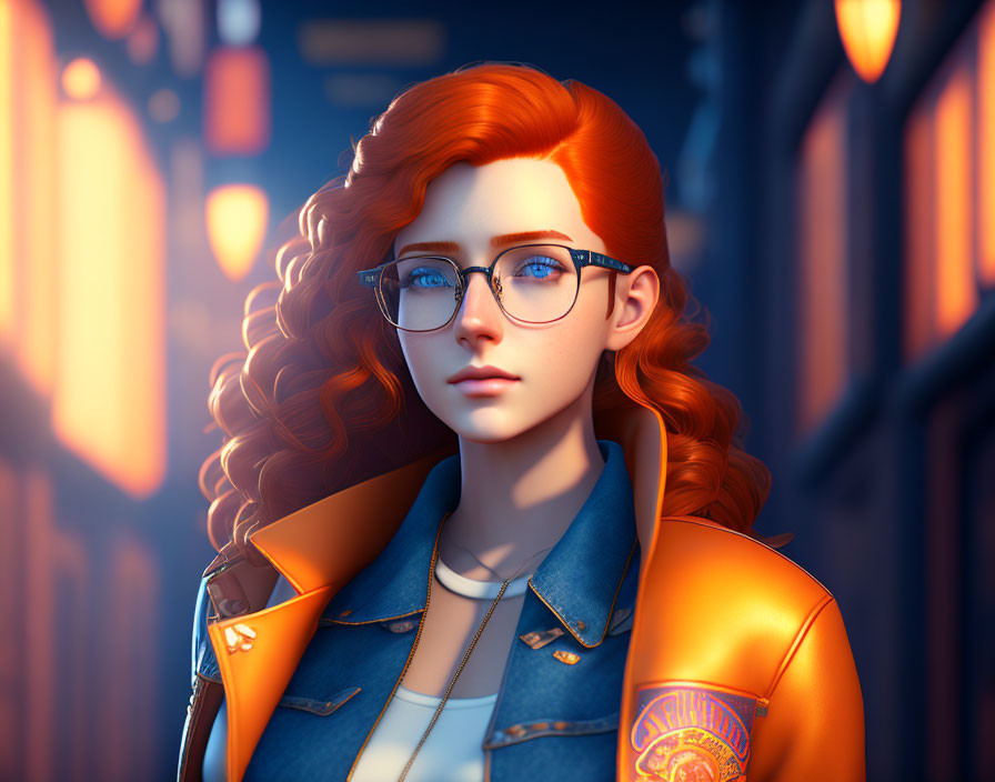 Stylized 3D illustration of red-haired woman in blue glasses, blue shirt, and orange