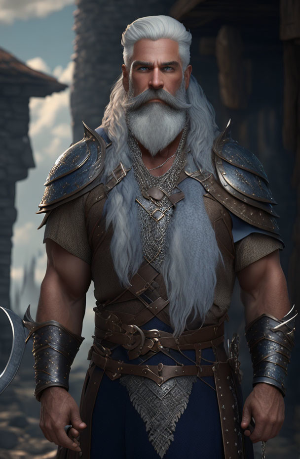 Fantasy warrior with white hair and ornate armor in medieval setting