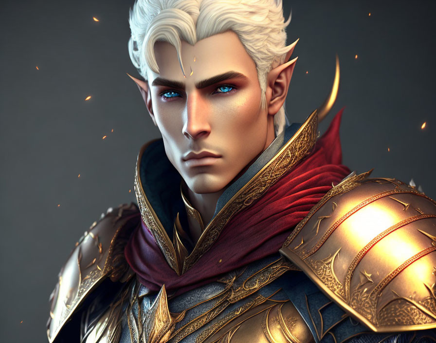 Fantasy character with white hair and golden armor in dark background