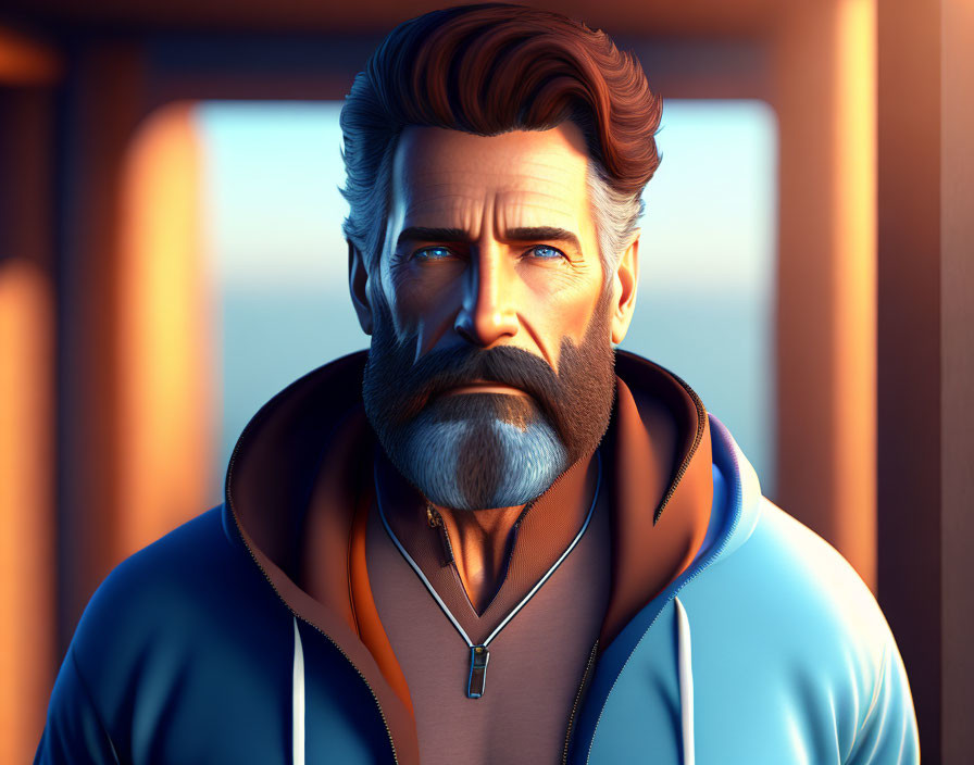 Bearded mature male in jacket with intense gaze