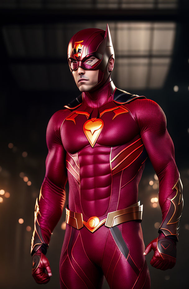 Muscular figure in red and gold costume with lightning bolt emblem and winged mask.