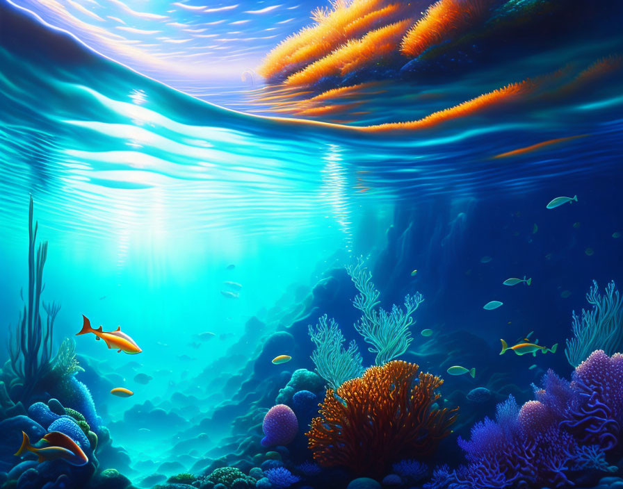 Colorful Coral and Fish in Vibrant Underwater Scene