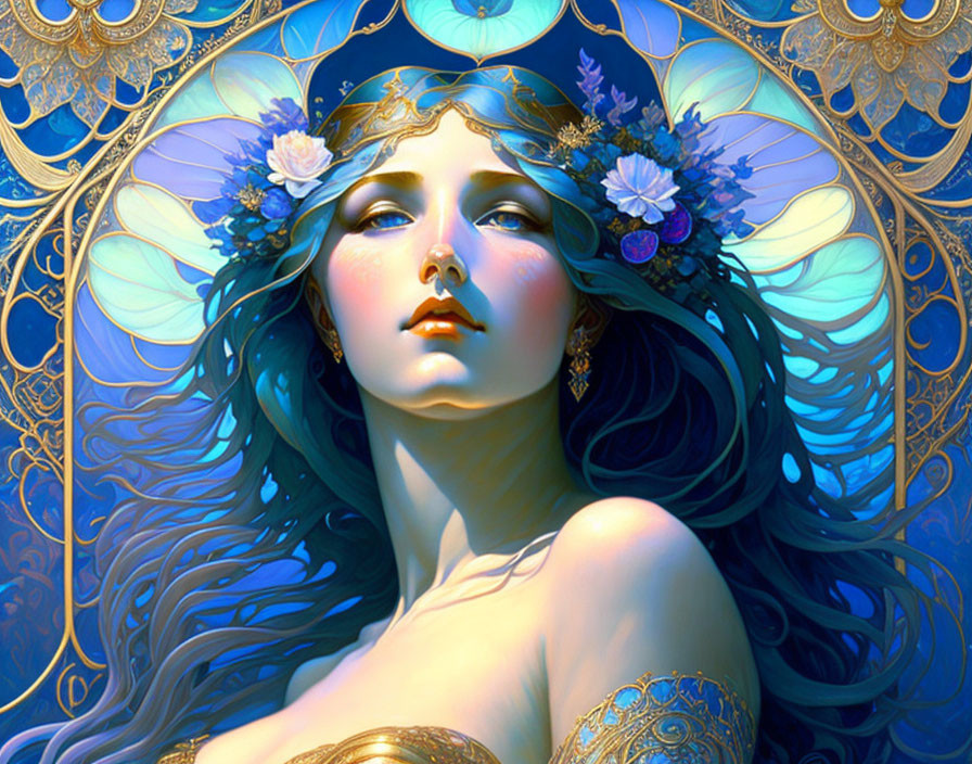 Detailed illustration of woman with blue hair, golden headpiece, and floral adornments on ornate blue