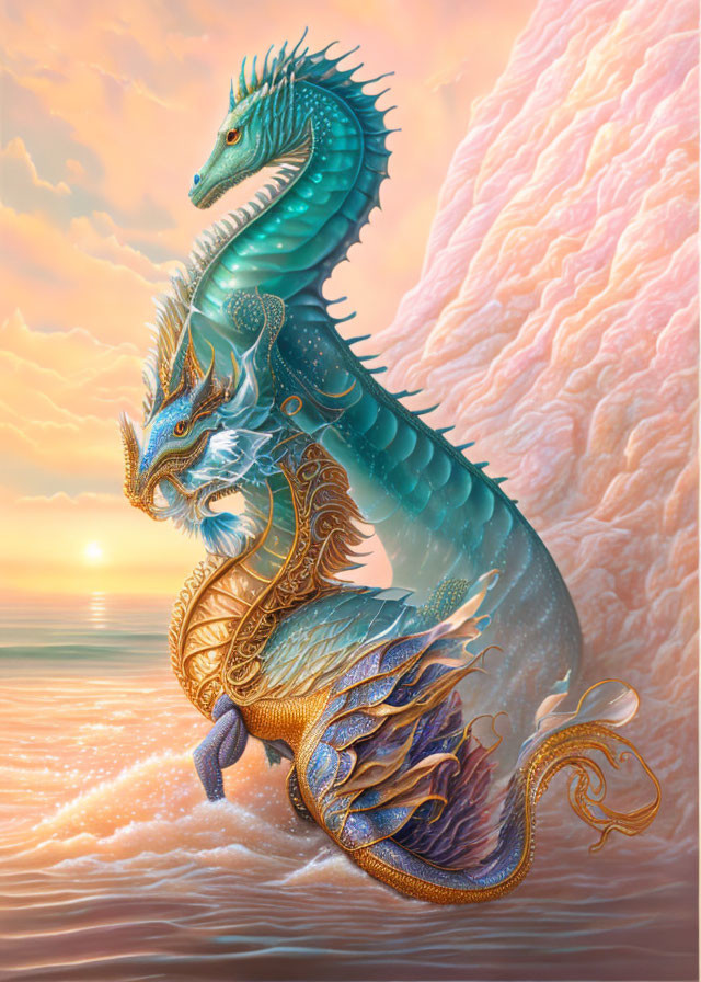 Intricately Detailed Blue and Gold Dragon Emerges from Sparkling Sea