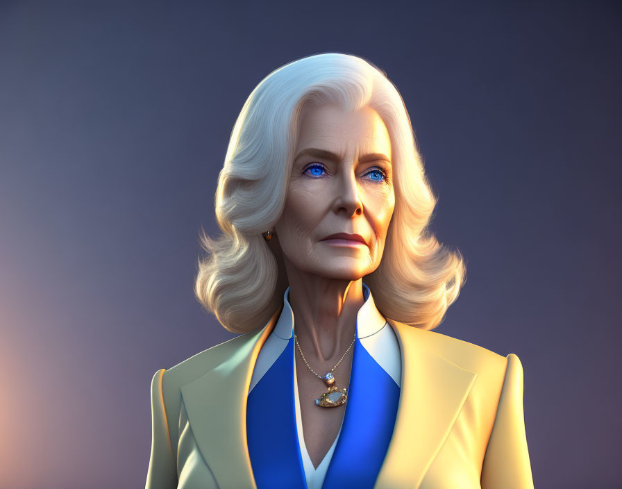 Elegant 3D-rendered older woman in blue blouse and yellow blazer on gradient background