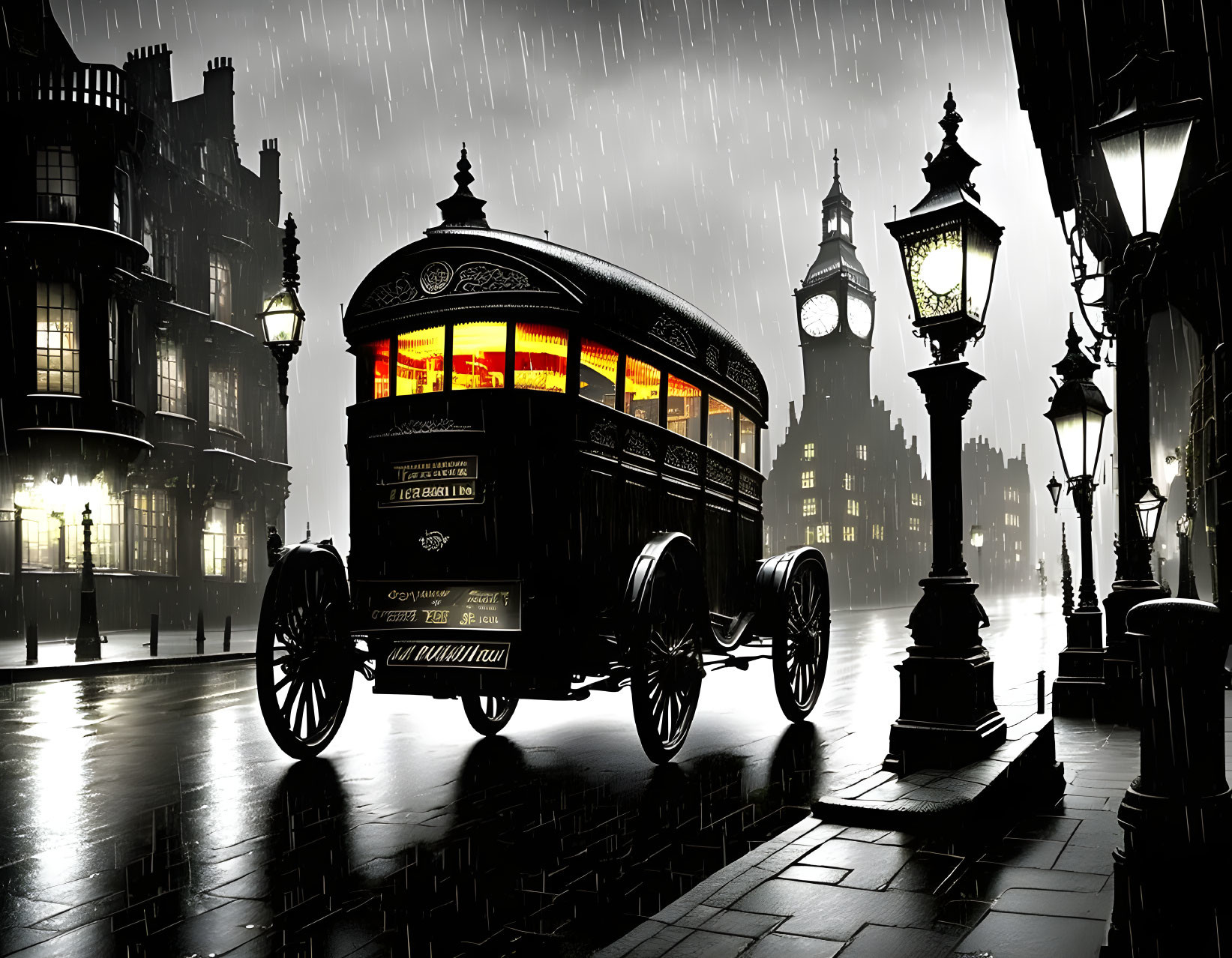 Vintage tram on rainy cobblestone street with clock tower.