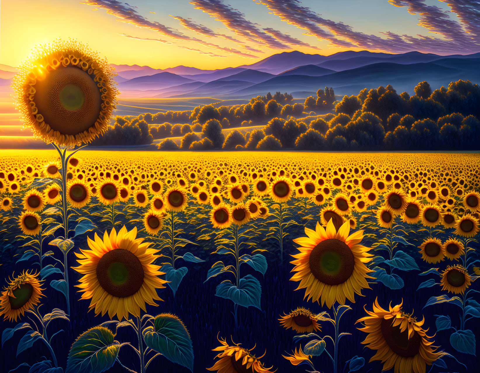 Sunflower field at sunset with rolling hills and warm sky