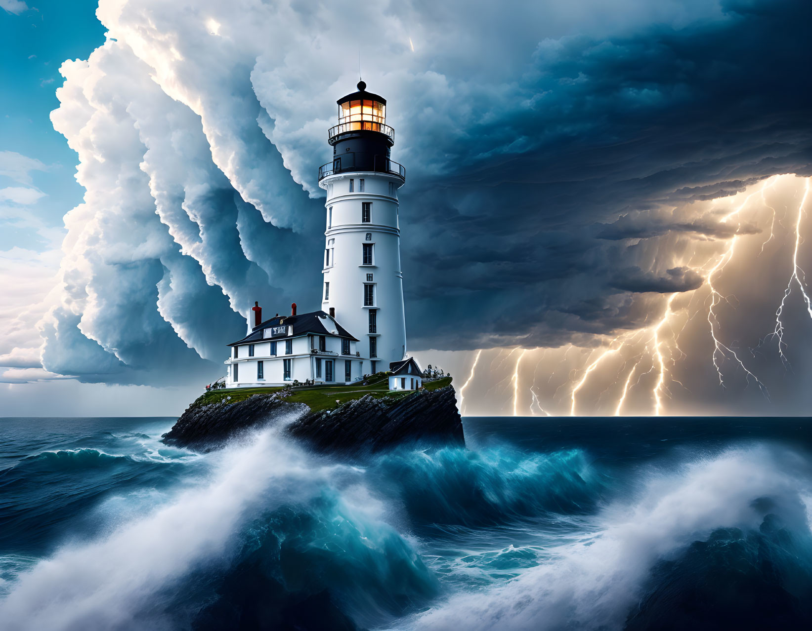 Lighthouse on rocky islet amid stormy seas and dramatic sky