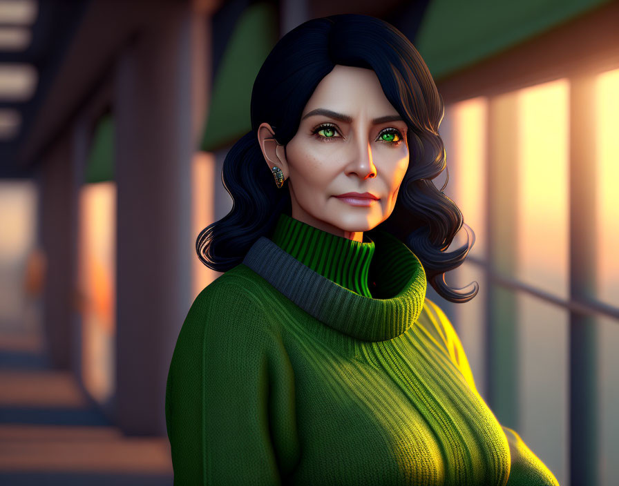 3D-rendered portrait of woman with dark hair and green eyes in green turtleneck sweater