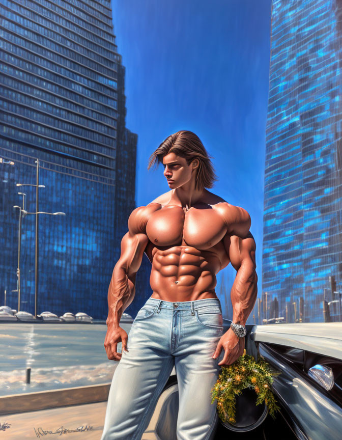 Muscular animated character with long hair in cityscape with car under blue sky