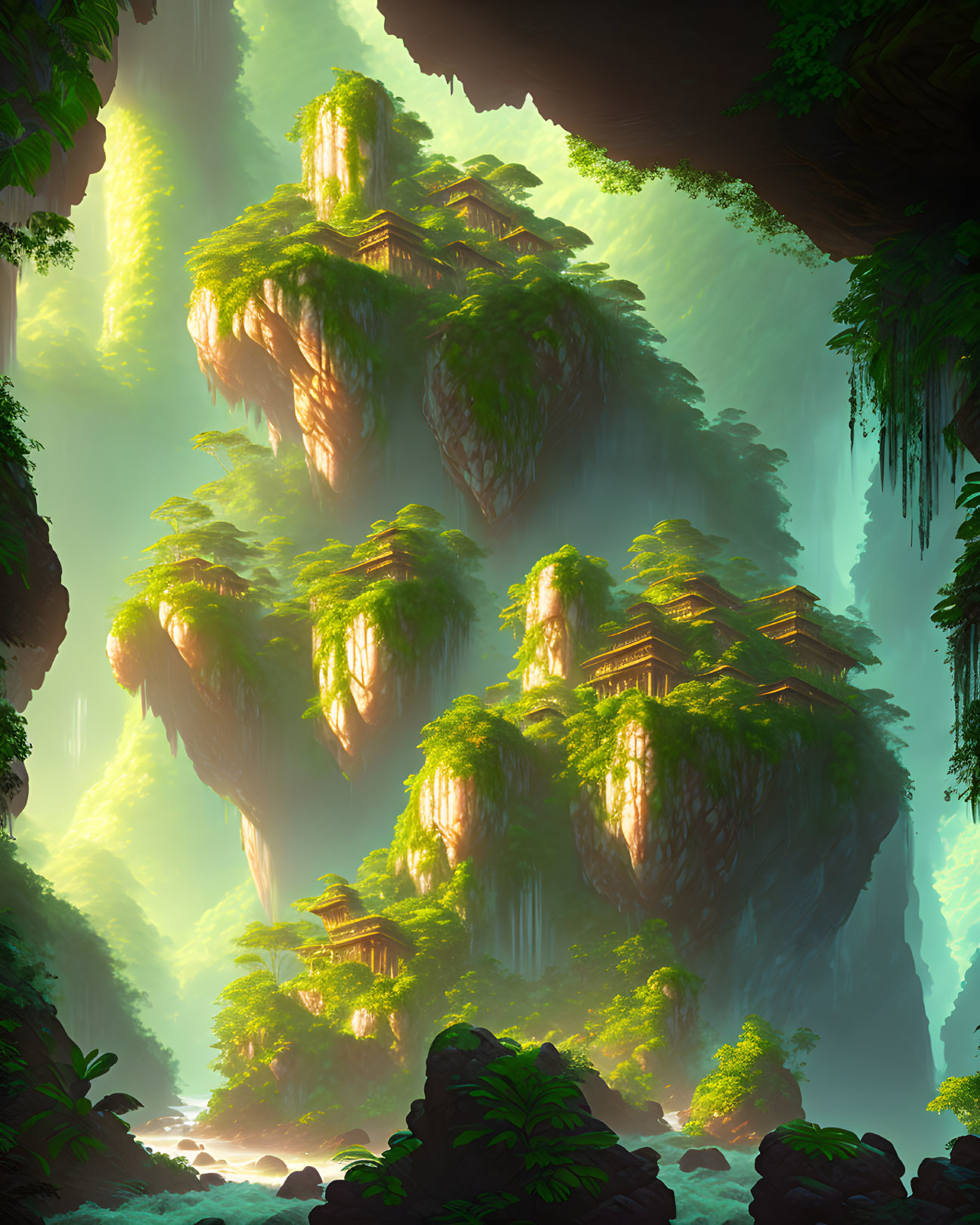 Lush greenery and waterfalls on mystical floating islands