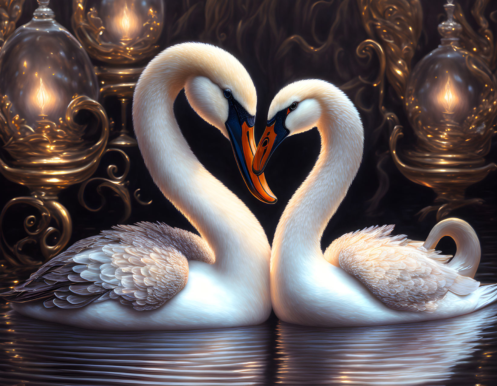 Swans creating heart shape on dark ornate background