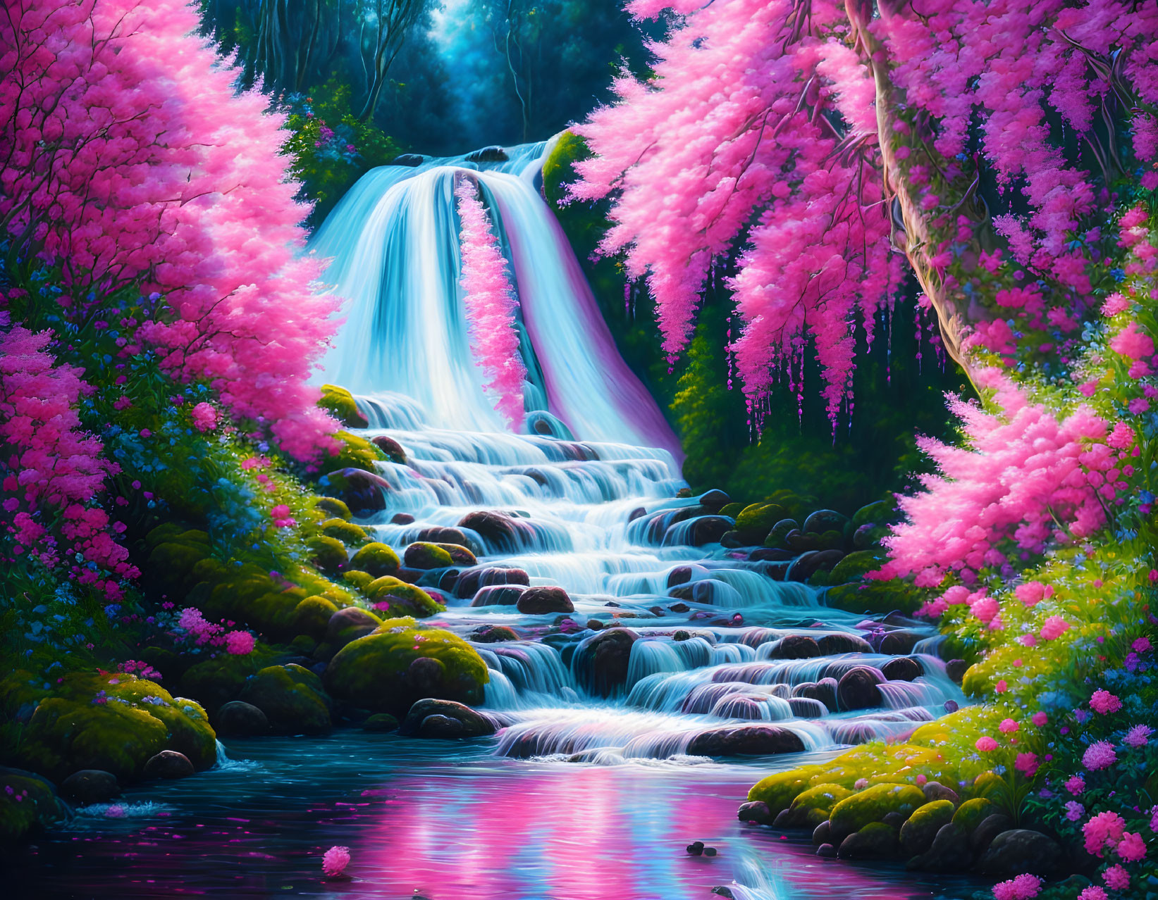 Scenic waterfall with pink trees and moss-covered rocks