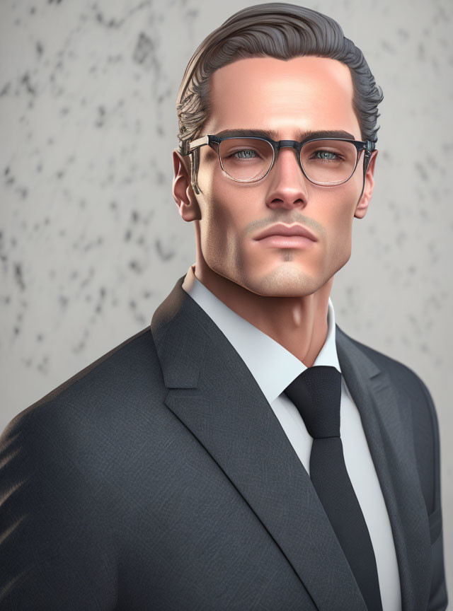 Stylized 3D portrait of a man in suit and glasses