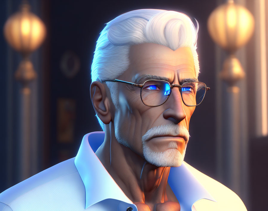 Elderly man in white shirt with white hair and beard in 3D render