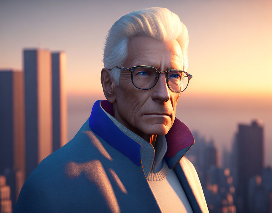 Elderly animated character with white hair and glasses in blue coat against city sunset.