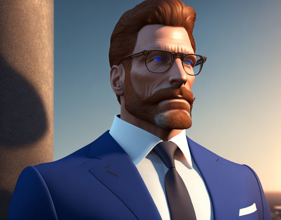 Man with Beard and Glasses in Blue Suit at Sunset