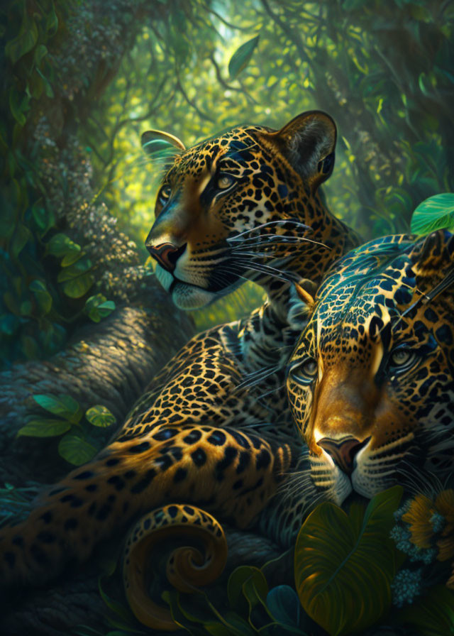 Two leopards in lush greenery under dappled sunlight