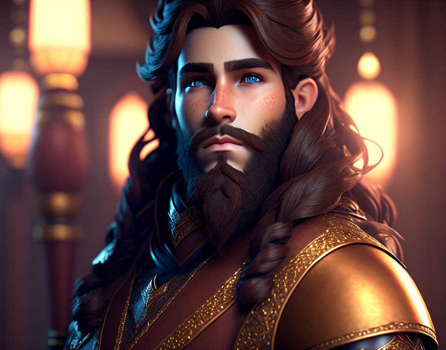 Regal man with braided beard in golden armor - 3D rendered image