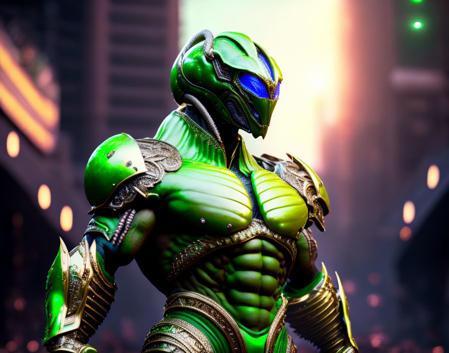 Green and gold exoskeleton on armored figure in urban setting