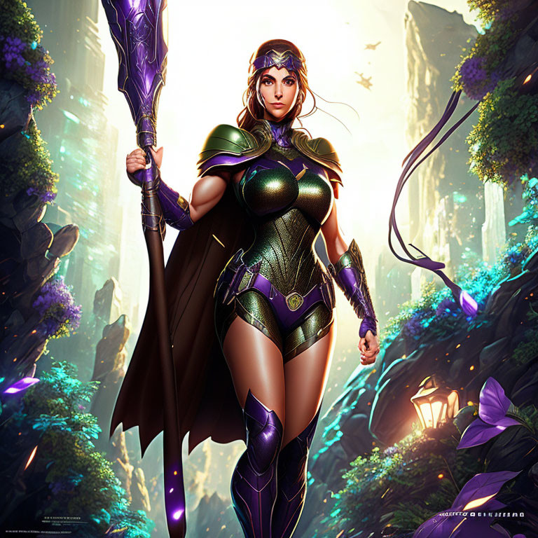 Poised woman in green and gold armor with staff in mystical forest