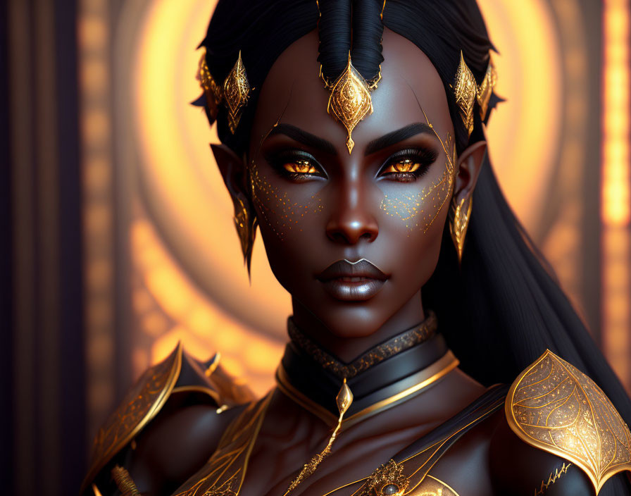 Fantasy 3D-rendered female character with dark skin, pointed ears, golden armor, and