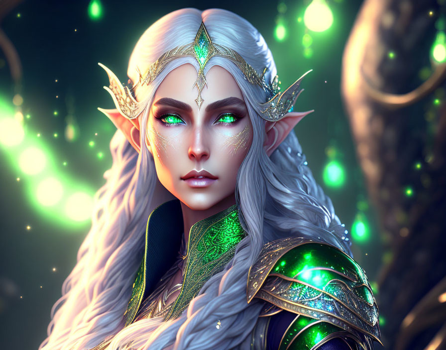 Fantasy elf digital artwork with green eyes and glowing armor