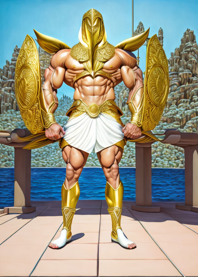 Muscular warrior in golden armor on balcony with sea view.