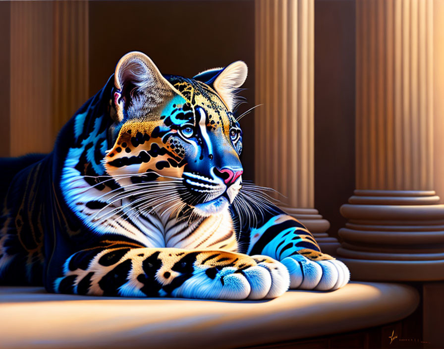 Vibrant Digital Art: Tiger in Blue and Yellow Tones in Classical Setting