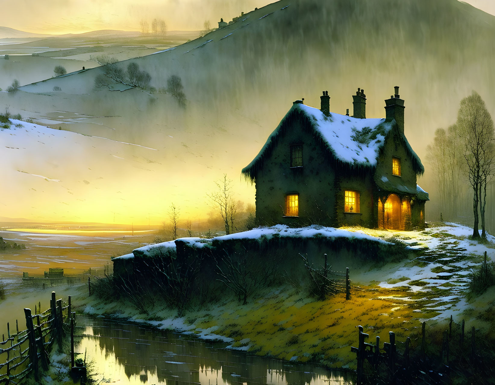 Snowy landscape with illuminated cottage in golden sky