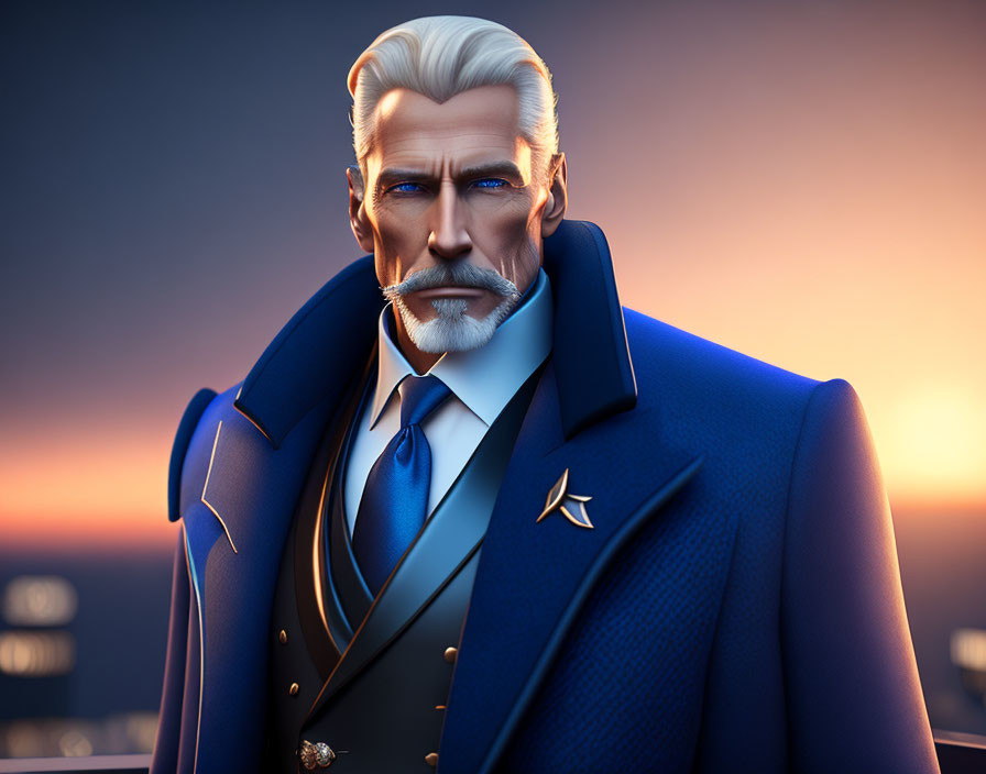 Silver-haired gentleman in blue suit against sunset.