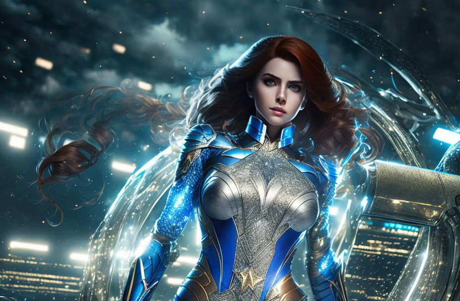 Futuristic digital artwork: Woman in blue armor with flowing brown hair