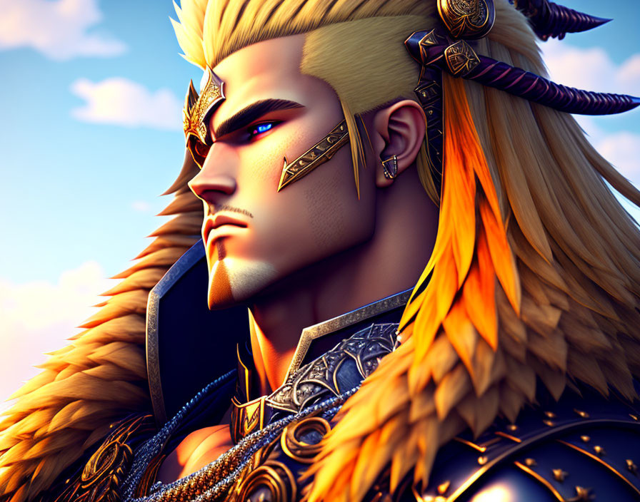 Golden-haired animated character with fur collar, intricate jewelry, and serious expression at sunset.